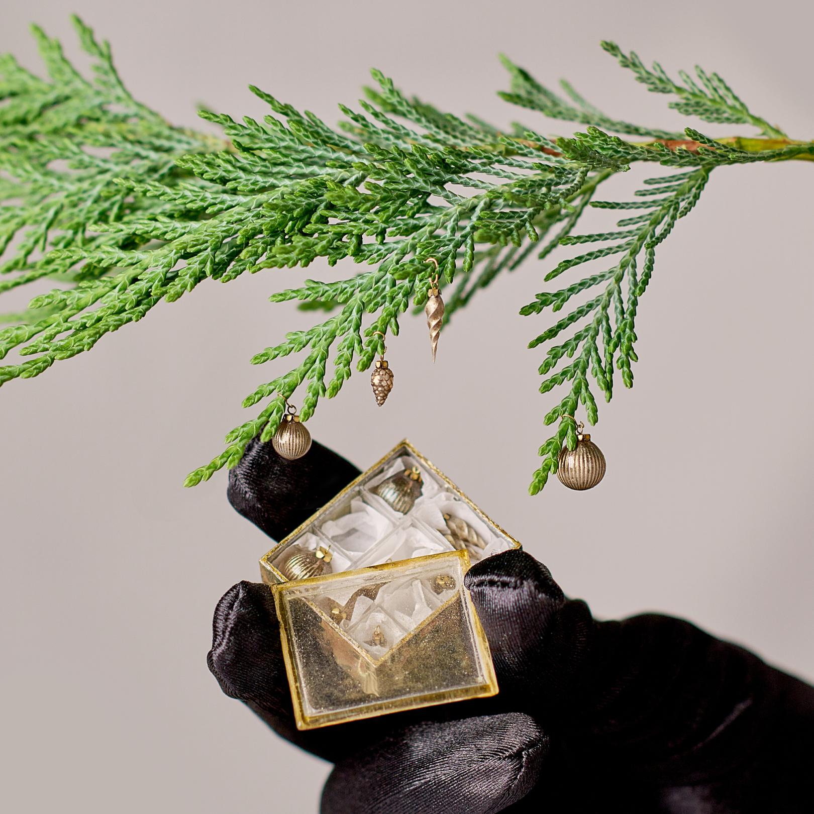 Christmas ornaments set in the box. Antique gold with ageing effect 12 ornaments.